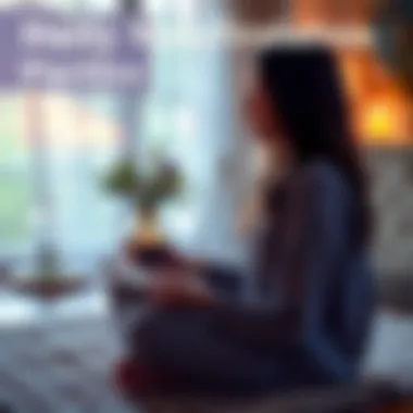 A person meditating in a serene space with a journal and a cup of tea, reflecting on their day and intentions.