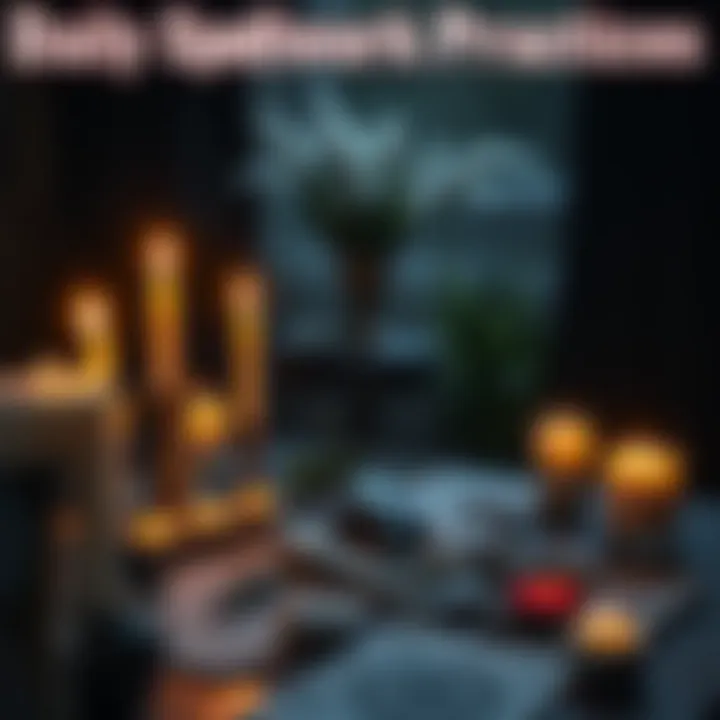 A person performing daily spellwork with candles, herbs, and crystals on a table surrounded by a calming atmosphere