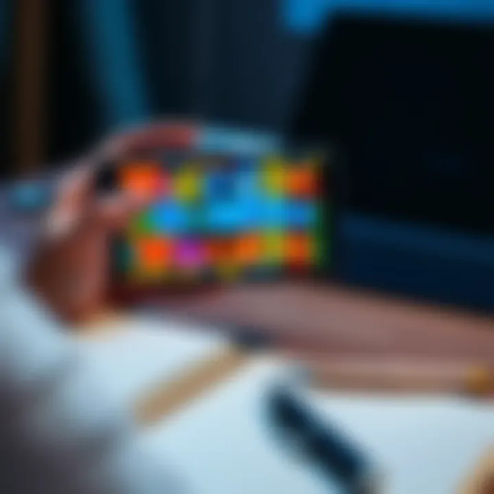 A person plays Wordle on a smartphone, showcasing colorful word tiles, with a notebook and pen nearby for notes.