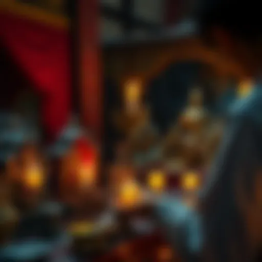 A person lighting candles and placing offerings in front of multiple small altars dedicated to different gods.