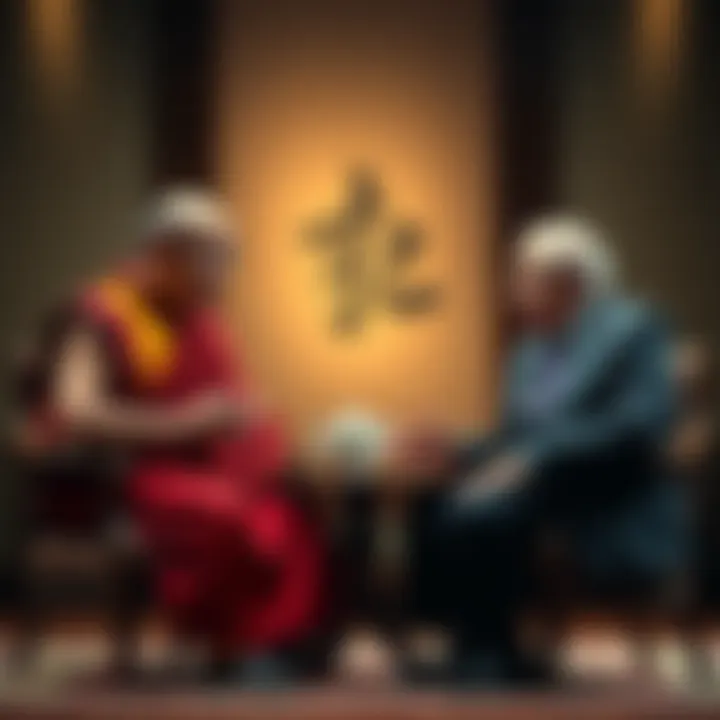 Dalai Lama in traditional robes sitting across from Jeffrey Epstein in a formal setting during their 2012 meeting