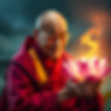 The Dalai Lama holding a lotus flower, symbolizing compassion and spirituality.