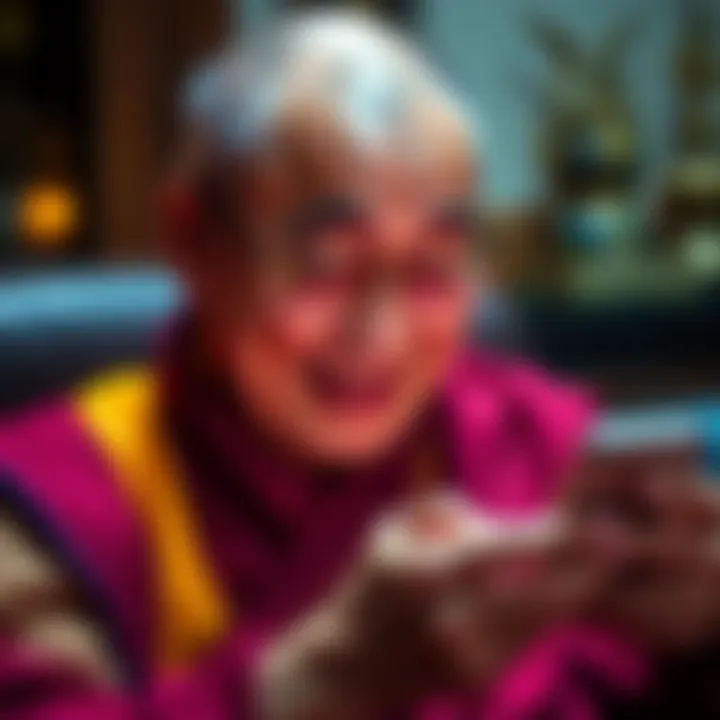 The Dalai Lama smiling while looking at a phone screen, enjoying social media reels like many others.