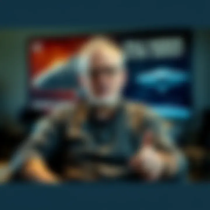 Dale Harder discussing his experiences with alien contact in a relaxed setting, wearing a casual shirt and glasses, with a poster of a spaceship behind him.