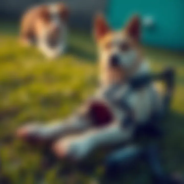 A close-up of a torn dog harness lying on grass, showing signs of damage, with a worried dog in the background looking at it.