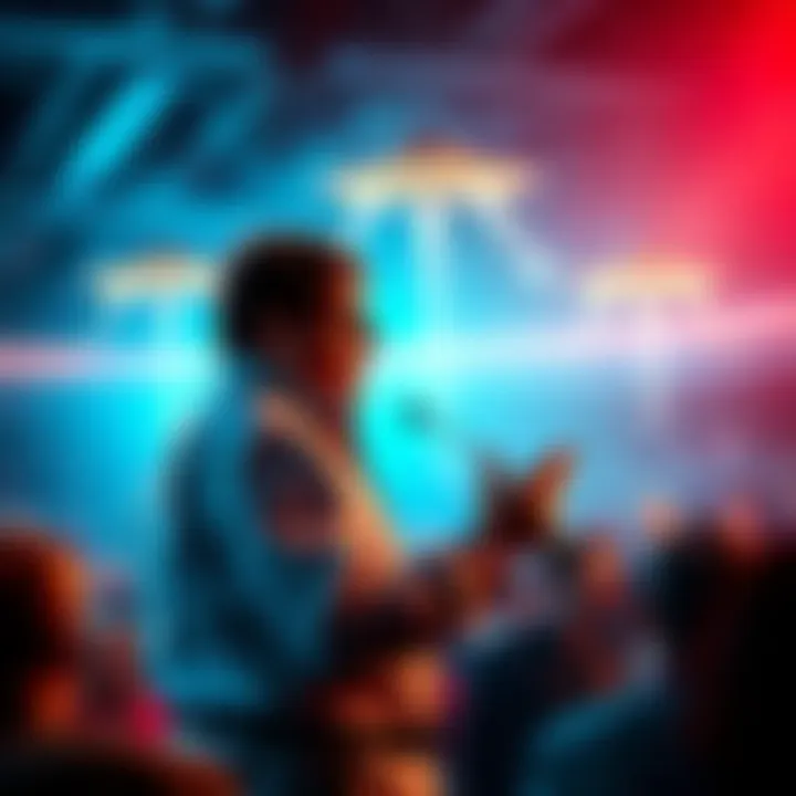 Dan Aykroyd speaking at a UFO conference with a crowd listening intently in the background