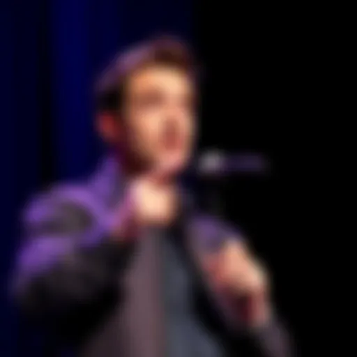 Comedian Dan Soder sharing his opinions about the Greys at a microphone on stage