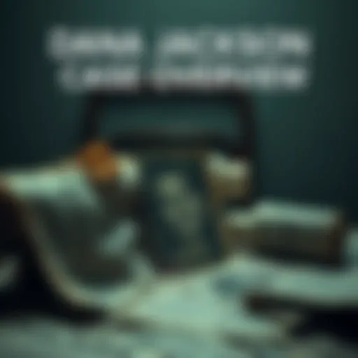 A somber scene highlighting Dana Jackson's case with a faded photo and newspaper clippings about her disappearance and theories surrounding it.