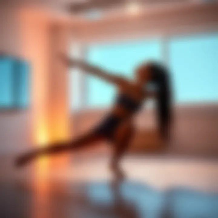 A dancer stretches in a bright room, showcasing flexibility and grace while exploring shifting concepts through training on YouTube.