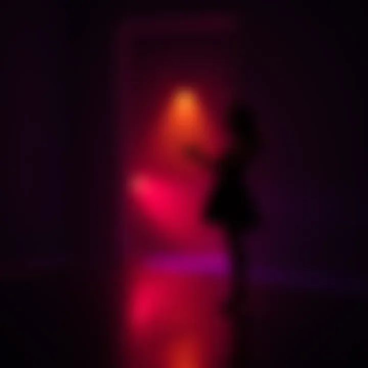 A dancer stands alone in a dimly lit room, looking over their shoulder with a startled expression, hinting at an unseen presence.