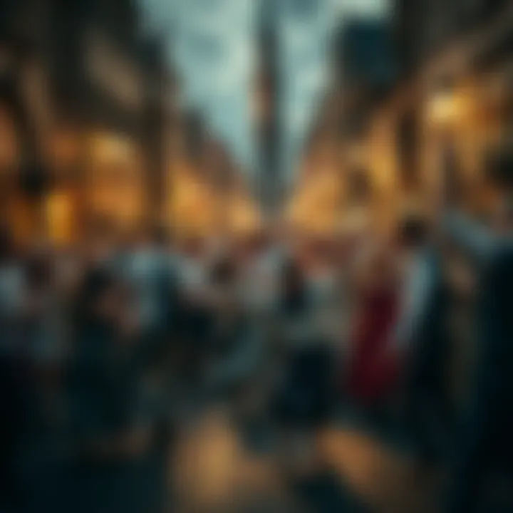 A crowd of people dancing frantically in a city street, expressing extreme emotion and energy during the Dancing Plague of 1518.