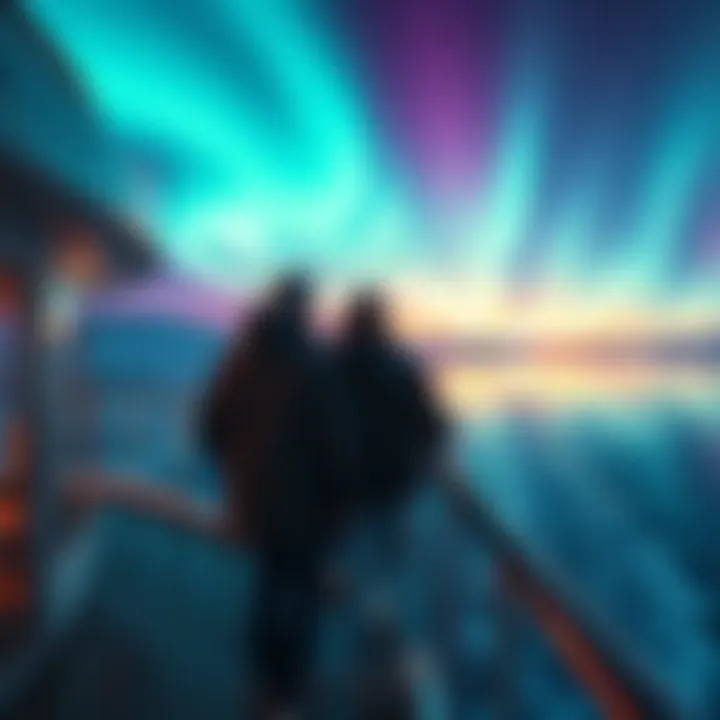 A couple on a cruise balcony gazes at bright, dancing white lights in the night sky over Alaska.