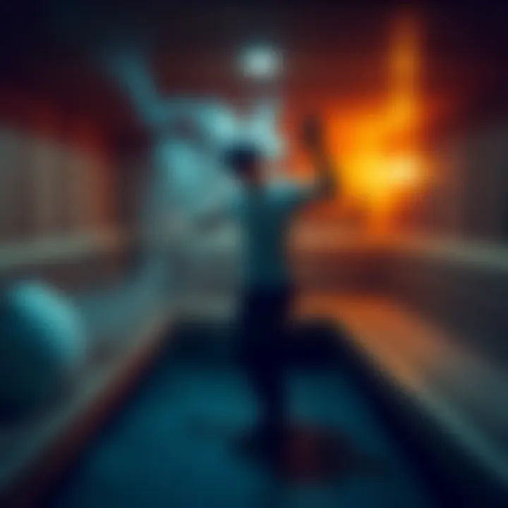 A person joyfully dancing in a sauna, surrounded by wooden benches and steam, conveying a sense of freedom and exhilaration