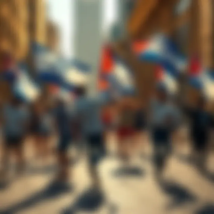 A group of individuals celebrating and dancing with flags in an urban setting, evoking public reaction and discussion.