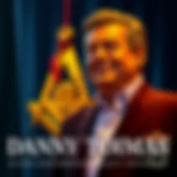 Danny Thomas standing next to a Masonic symbol, representing his ties to the Masonic community and his contributions to healthcare.