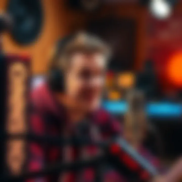 Danny Jones speaking into a microphone on his podcast, with a lively background of sound equipment