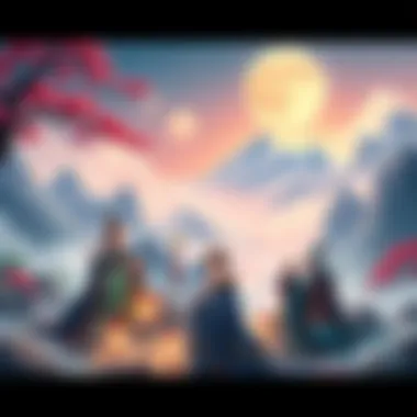 A vibrant scene depicting Daoist immortals in traditional attire, engaging in a lively discussion amidst a serene landscape with mountains and rivers in the background.