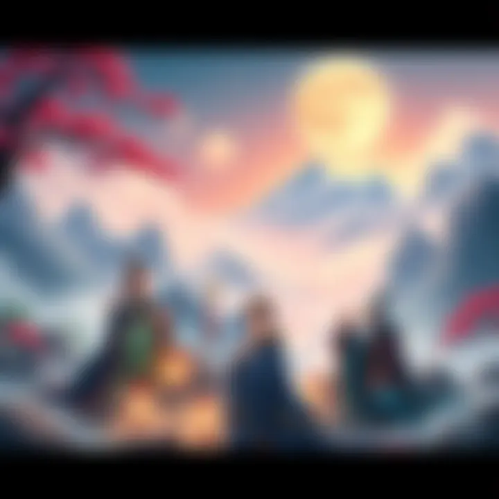 A vibrant scene depicting Daoist immortals in traditional attire, engaging in a lively discussion amidst a serene landscape with mountains and rivers in the background.