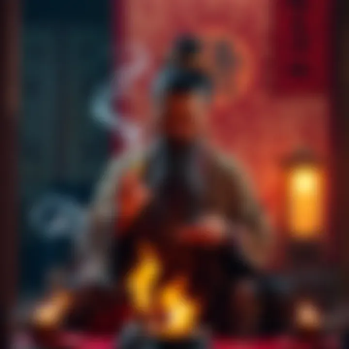 A Daoist practitioner performing a ritual with incense and symbols to protect against ghosts and demons.