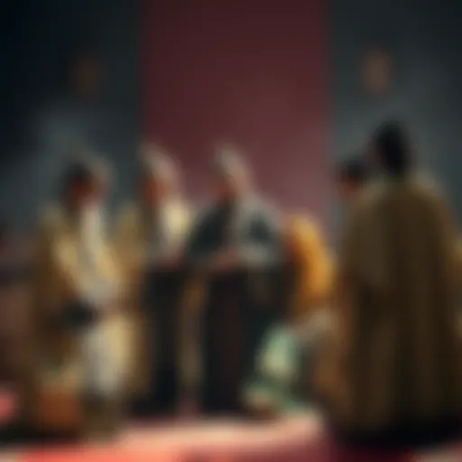 A group of Daoists discussing modern designs for traditional robes, showcasing a blend of historical style and modern fashion.