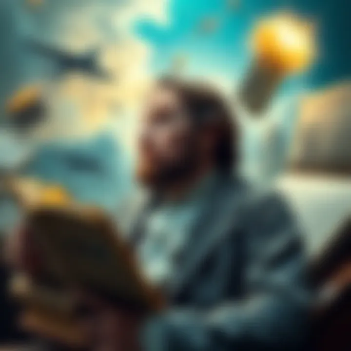 Theological Exploration of the Rapture An artistic representation of John Darby pondering the concept of the Rapture, surrounded by historical texts and imagery.