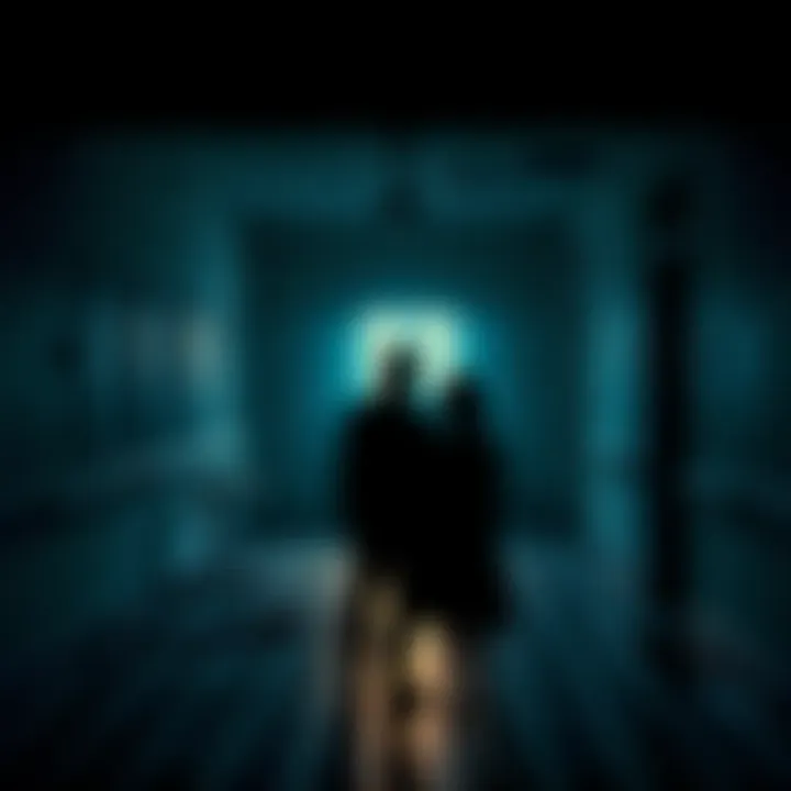 A couple stands in a dimly lit room of an abandoned hospital, looking at a shadowy figure in the corner, creating a spooky atmosphere.