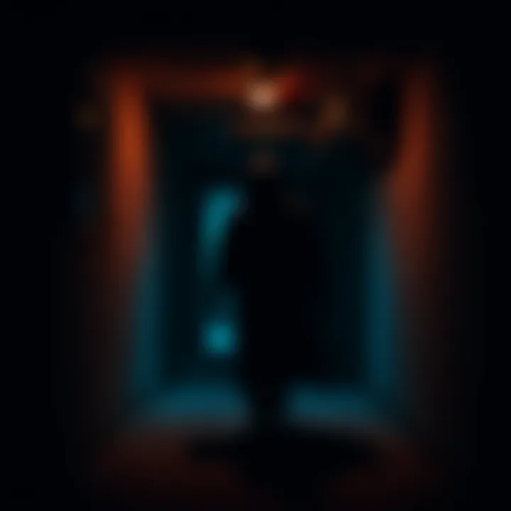 A shadowy figure gliding through a dimly lit basement, appearing headless and wearing dark clothing.