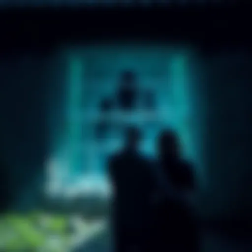 A couple stands outside a historic cottage with a dark figure appearing in a window behind them, capturing a spooky moment during their stay.