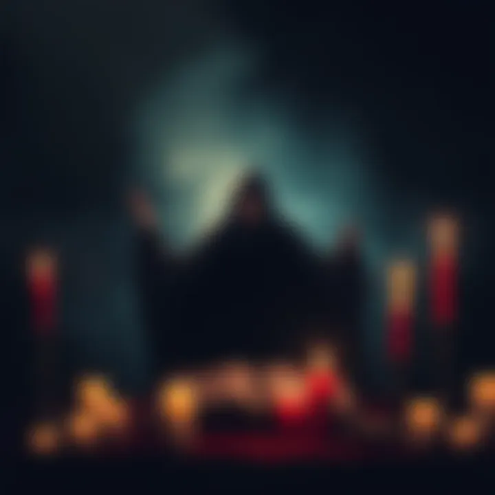 A shadowy figure stands before an ancient book, surrounded by candles, symbolizing a pact with demons for personal gains.