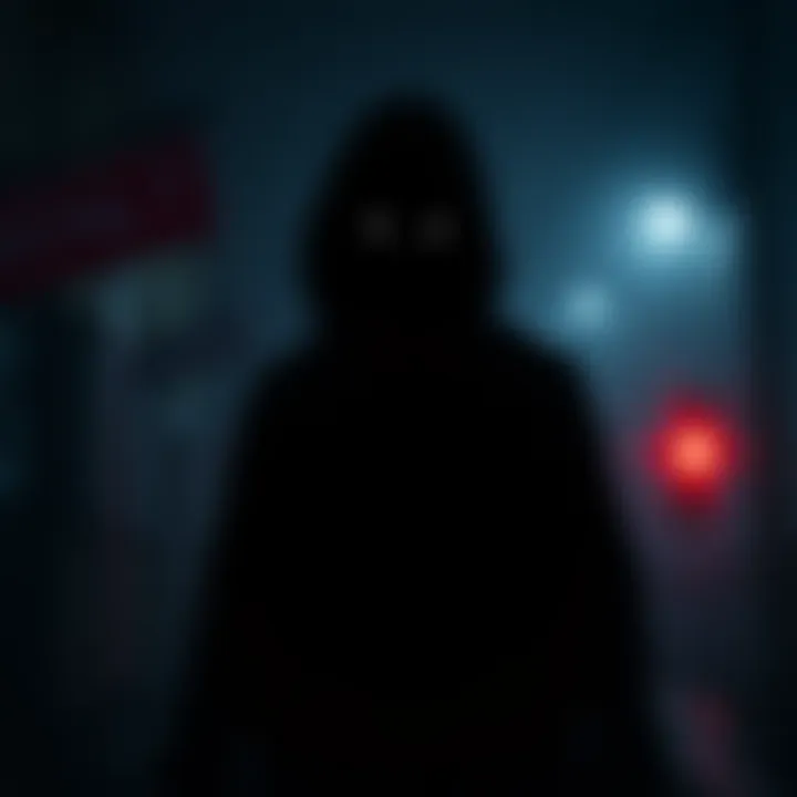A dark figure with bright white eyes stands in a shadowy area, creating a creepy atmosphere. The figure appears to be watching, adding to the sense of fear and confusion.