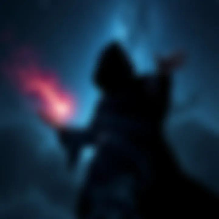 A shadowy figure practicing magic under a starry sky, symbolizing the clash between good and evil in society.