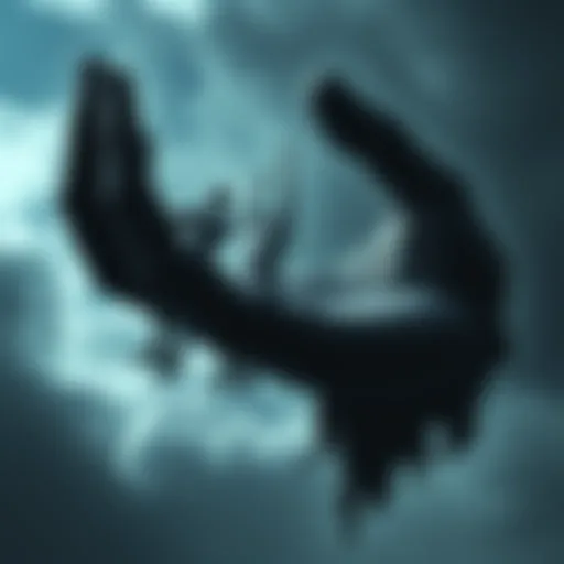 A dark grey cuboid shape resembling a hand, with eerie human figures attached to it, floating ominously in a dream-like setting.