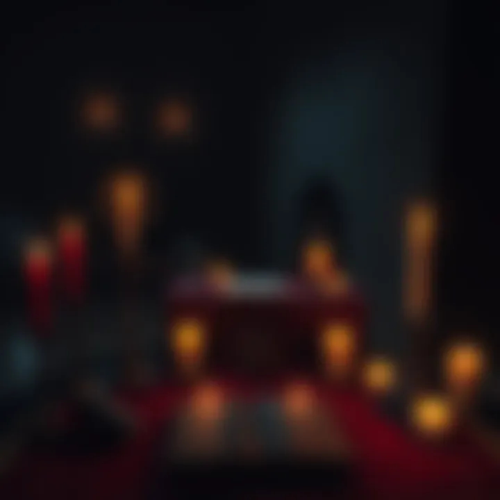 A dimly lit room with a table featuring candles, symbols, and a mysterious book, alluding to occult practices.
