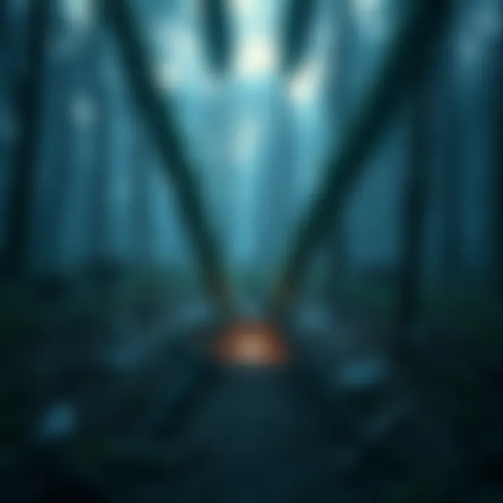 A mysterious clearing in a dense forest with sticks and feathers scattered around, indicating a dark ritual site.