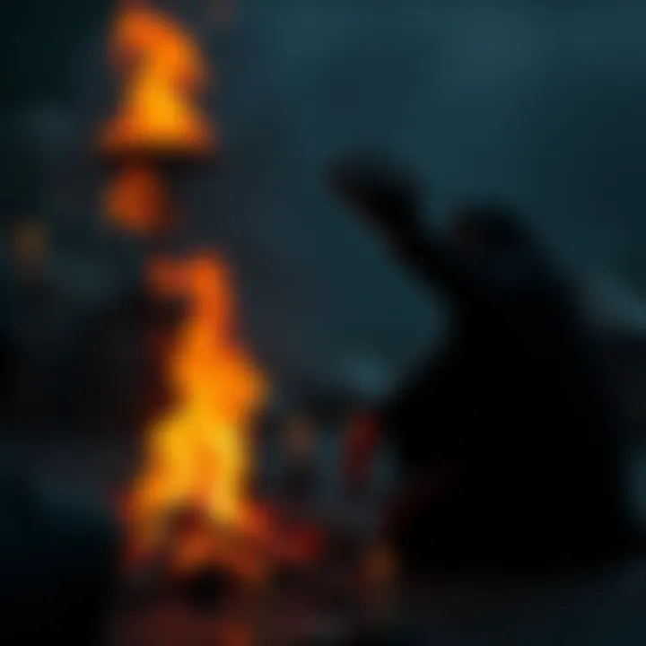 Dark Rituals and Elites A shadowy figure performing an ancient ritual with a fire and symbols, representing elite beliefs in cannibalism and power