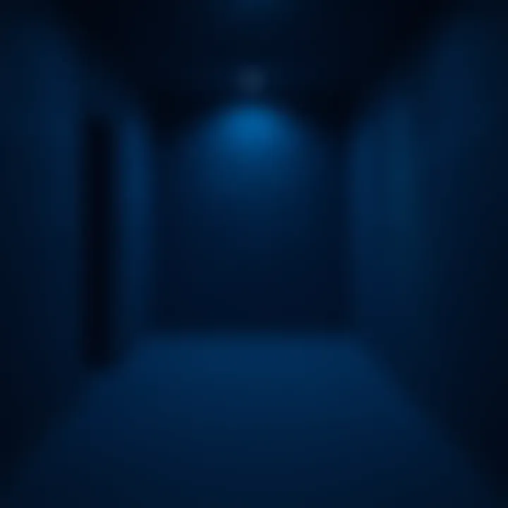 A dimly lit blue room filled with unsettling visuals like distorted shadows and eerie sounds, representing a nightmare experience inspired by the Funky Town TikTok video.