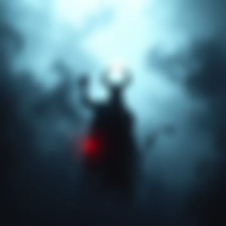 A shadowy figure representing a demon looms in a foggy setting, suggesting the presence of unseen spirits, with a faint glow around it to show its energy and influence.