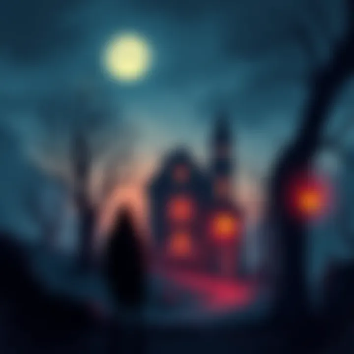 An eerie scene with shadowy figures, a haunted house, and spooky trees capturing the essence of scary stories