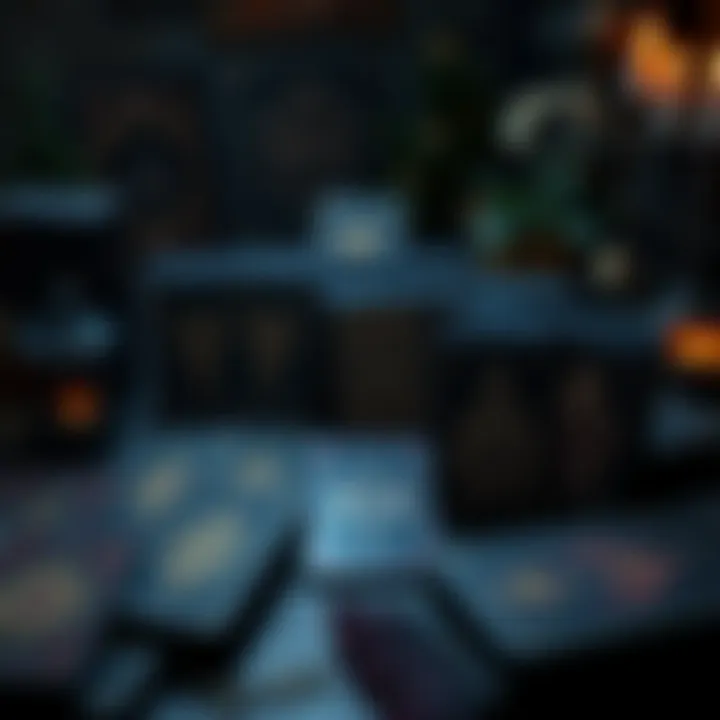 A collection of artistically rich dark tarot decks displayed on a table, featuring intricate designs and shadowy motifs.