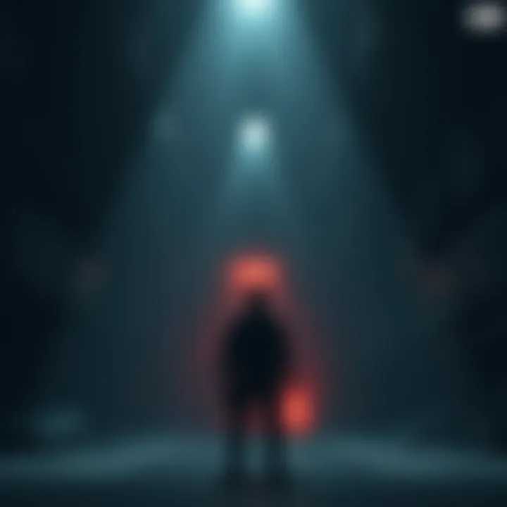 A figure stands in a dimly lit warehouse, surrounded by shadows, looking confused and fearful as they try to find a way out.