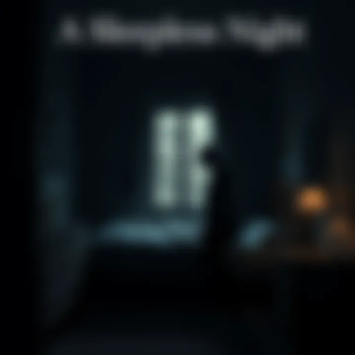 Dark bedroom with a shadowy figure A dimly lit bedroom where a shadowy figure stands by the window, creating a sense of unease and sleeplessness.