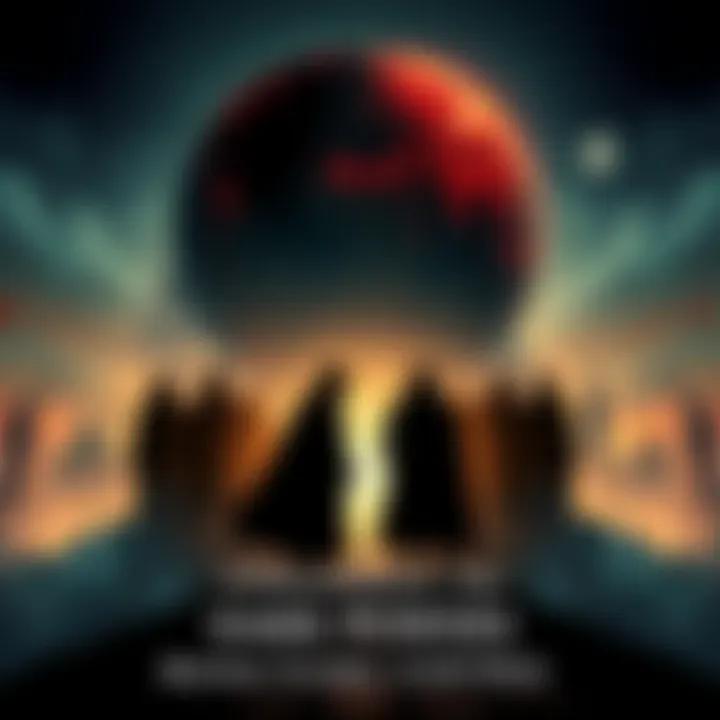 An illustration depicting shadowy figures representing a dark cabal, with a backdrop of global landmarks and symbols of power, hinting at secretive control.