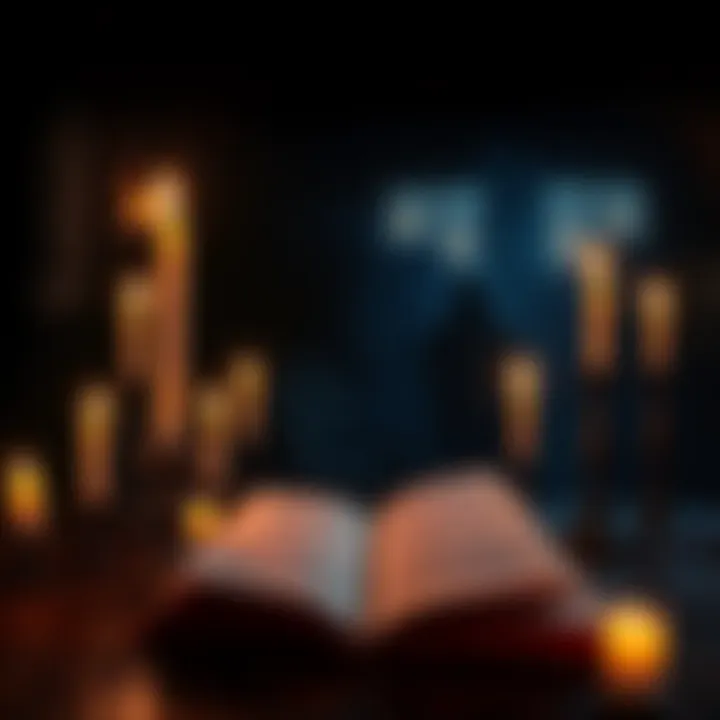 A shadowy room filled with candles, an open book on a table, suggesting a ritual for summoning demons.