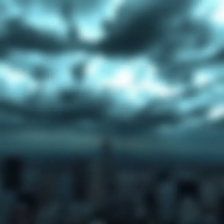 A city skyline under dark, ominous clouds, symbolizing a foreboding future.