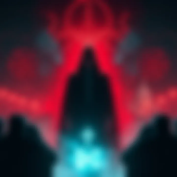 A shadowy figure representing high-ranking officials surrounded by ominous symbols, hinting at dark rituals and secrets.