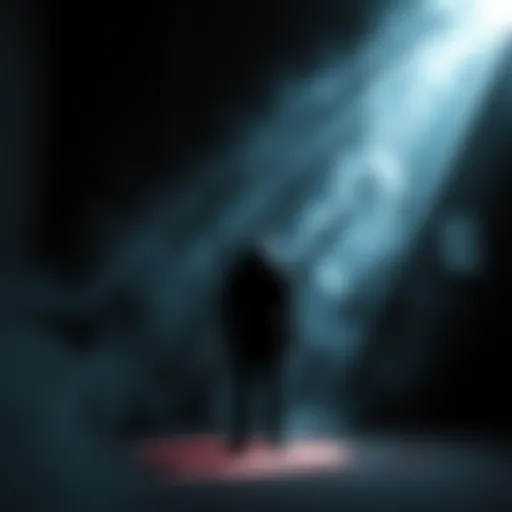 A shadowy figure stands in a dimly lit room surrounded by swirling thoughts and nightmares, symbolizing creativity and fear.