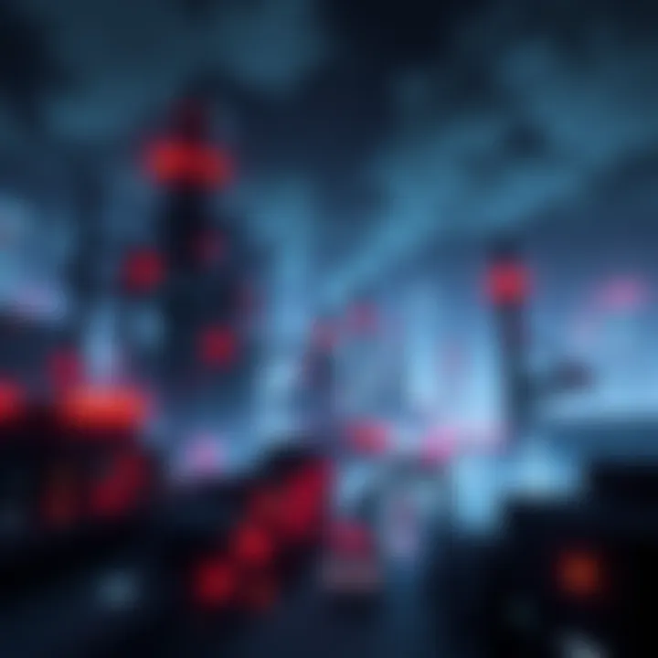 A futuristic dark factory with glowing lights and advanced machinery, set against a cyberpunk city skyline