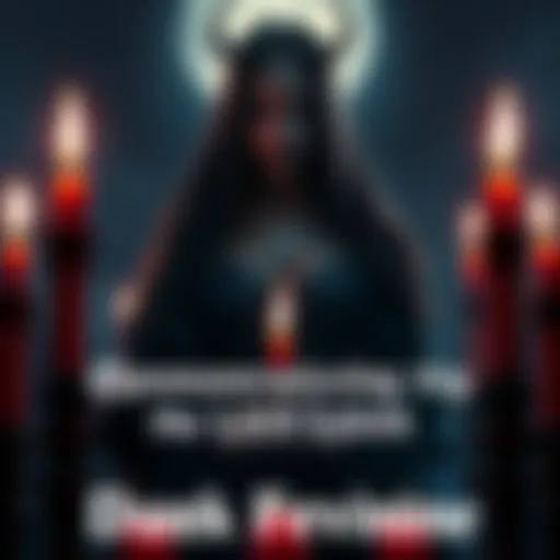 A dark, mysterious figure representing the essence of the dark feminine, surrounded by candles and moonlight.