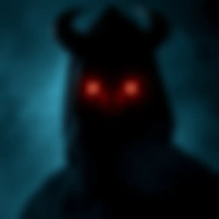 A dark figure with glowing eyes A shadowy figure representing demons, with glowing eyes against a misty background