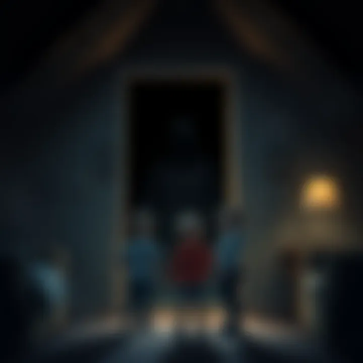 A shadowy figure peeks from an attic opening, while a babysitter looks on with concern. The atmosphere is tense as children stand nearby, appearing frightened.